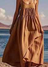 Load image into Gallery viewer, Stylish Coffee Wrinkled Cotton Spaghetti Strap Dress Summer