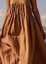 Load image into Gallery viewer, Stylish Coffee Wrinkled Cotton Spaghetti Strap Dress Summer