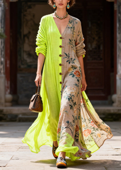 Stylish Colorblock Asymmetrical Patchwork Print Cotton Maxi Dress Summer