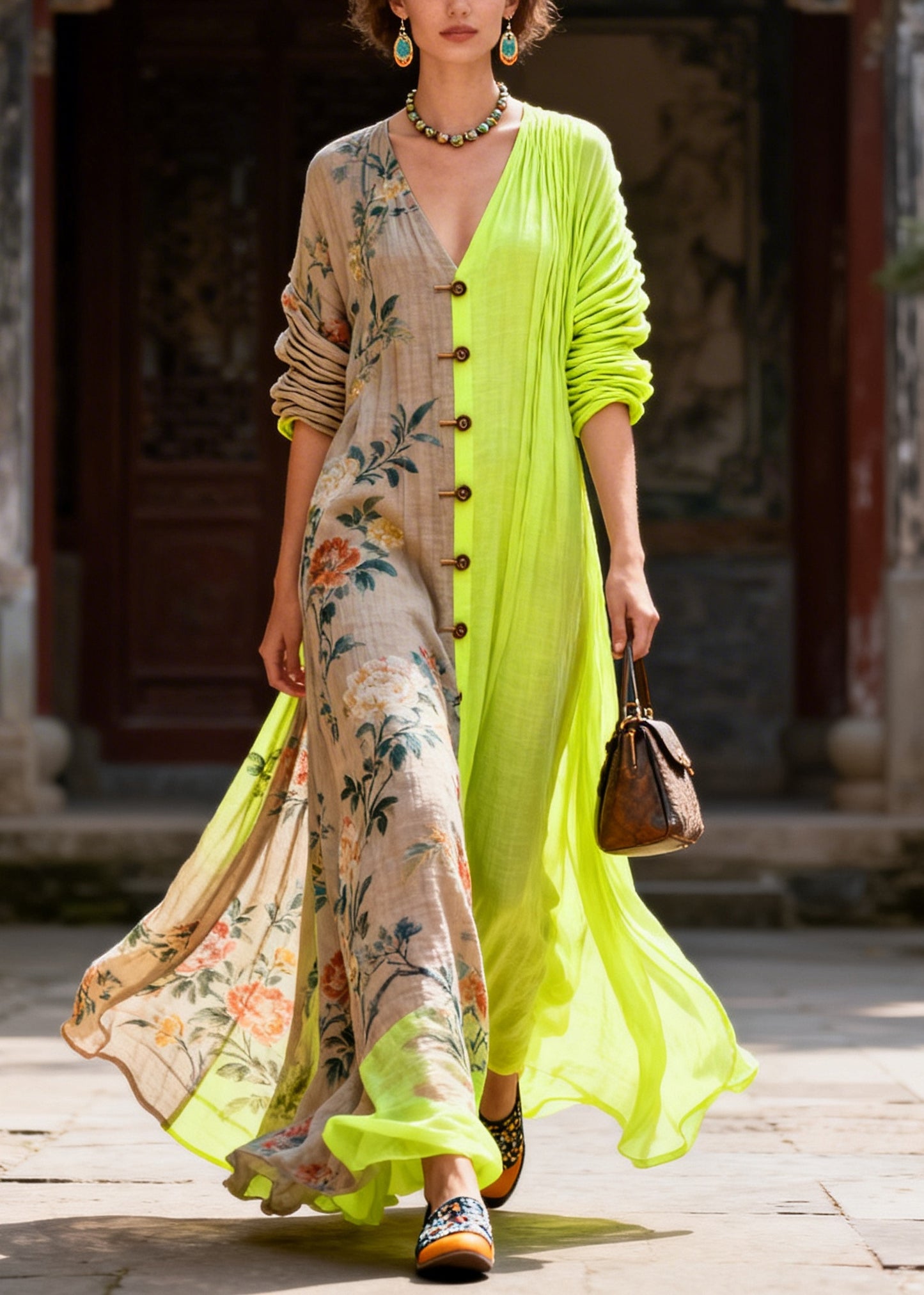 Stylish Colorblock Asymmetrical Patchwork Print Cotton Maxi Dress Summer