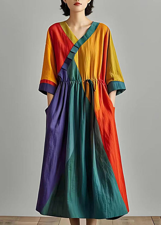 Stylish Colorblock Cinched Patchwork Cotton Long Dress Summer
