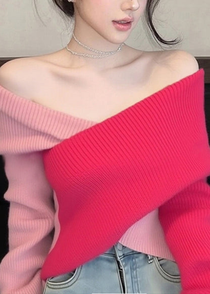 Stylish Colorblock Cold Shoulder Patchwork Knit Sweaters Spring
