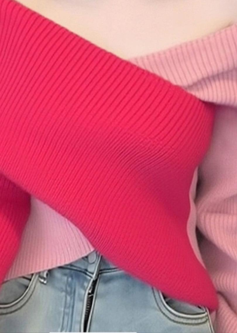 Stylish Colorblock Cold Shoulder Patchwork Knit Sweaters Spring