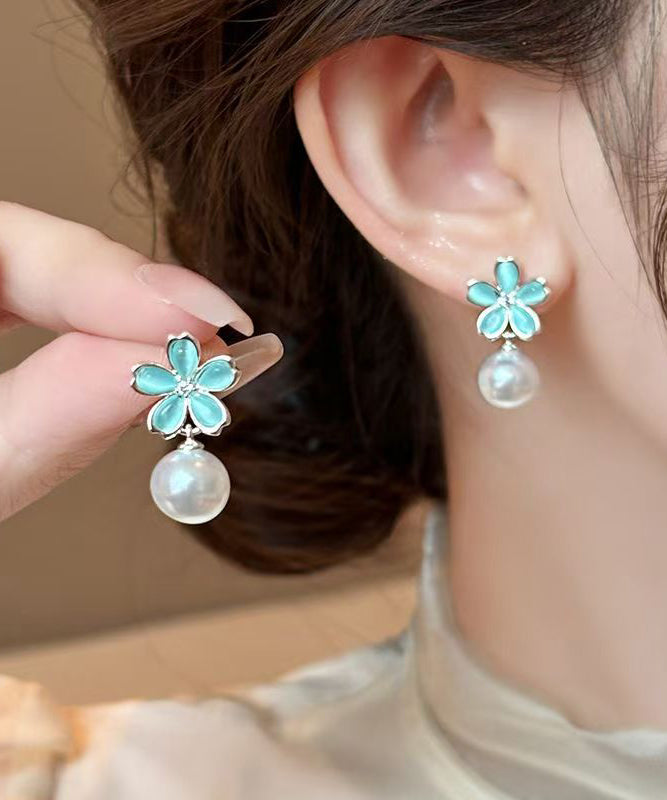 Stylish Colorblock Copper Overgild Pearl Floral Drop Earrings