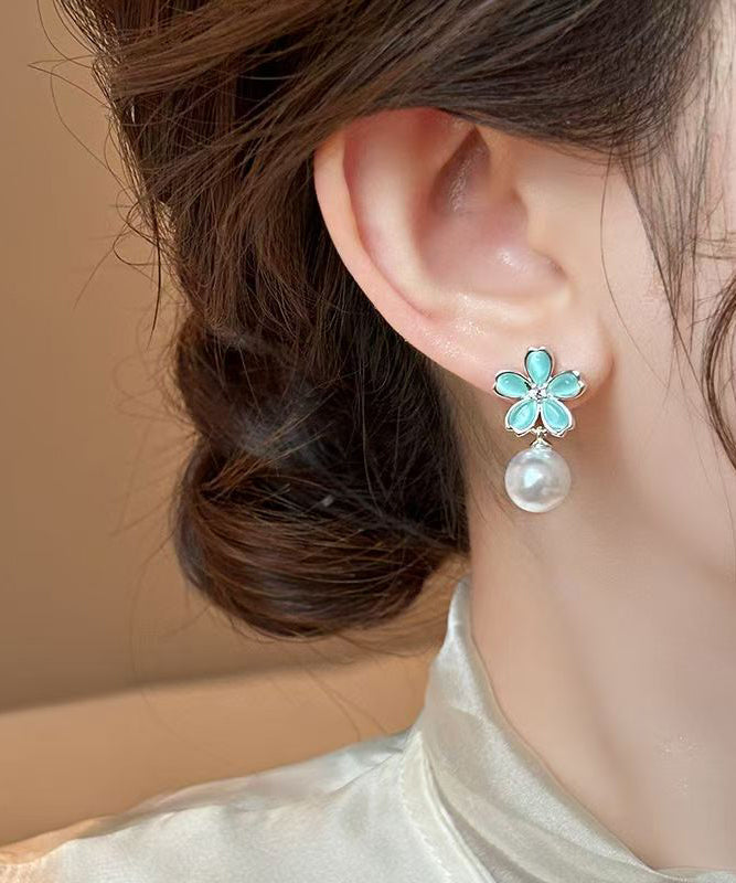 Stylish Colorblock Copper Overgild Pearl Floral Drop Earrings