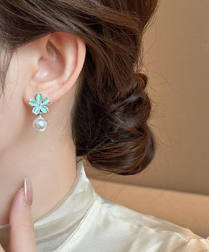 Stylish Colorblock Copper Overgild Pearl Floral Drop Earrings