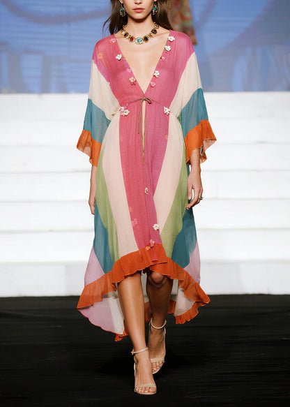 Stylish Colorblock Flower Patchwork Ruffles Cotton Dress Summer