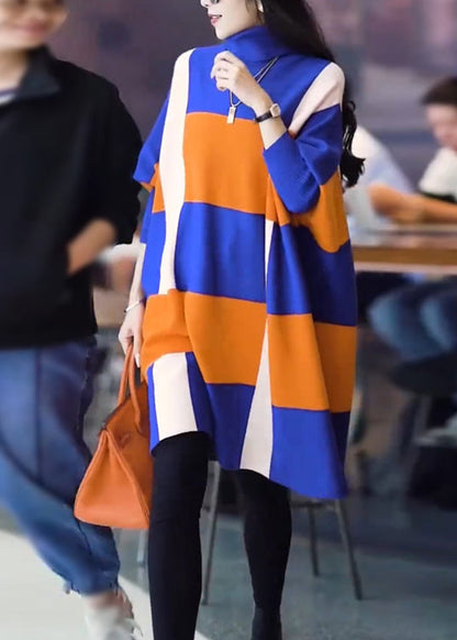 Stylish Colorblock Hign Neck Woolen Knit Dress Batwing Sleeve