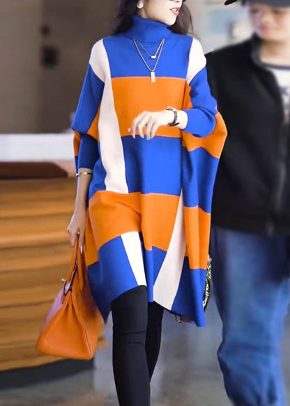 Stylish Colorblock Hign Neck Woolen Knit Dress Batwing Sleeve