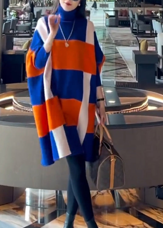 Stylish Colorblock Hign Neck Woolen Knit Dress Batwing Sleeve