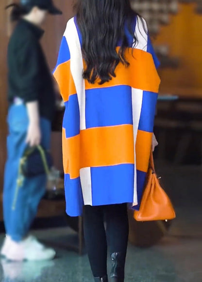 Stylish Colorblock Hign Neck Woolen Knit Dress Batwing Sleeve