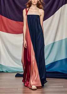 Stylish Colorblock One Shoulder Patchwork Silk Dress Summer