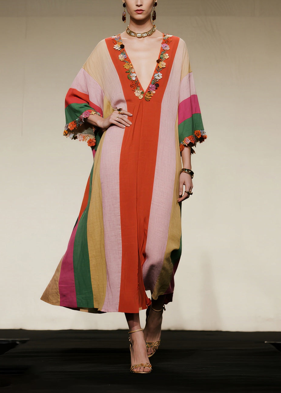 Stylish Colorblock Oversized Floral Cotton Long Dress Summer