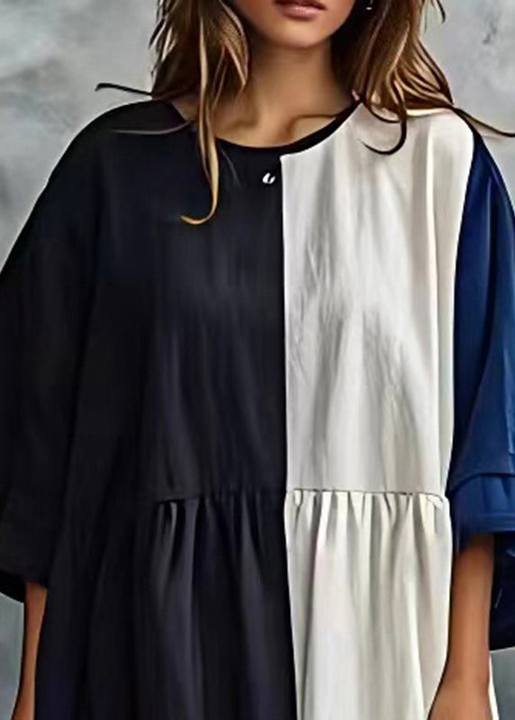 Stylish Colorblock Oversized Patchwork Cotton Dress Batwing Sleeve