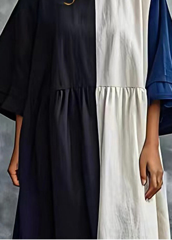 Stylish Colorblock Oversized Patchwork Cotton Dress Batwing Sleeve