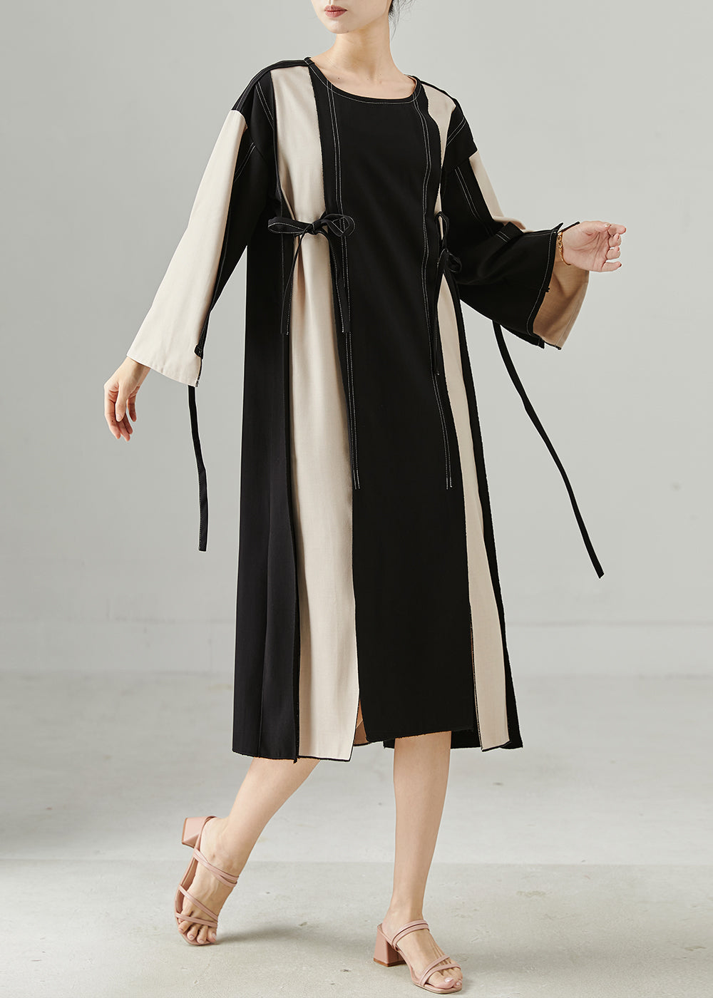 Stylish Colorblock Oversized Patchwork Lace Up Cotton Dress Spring