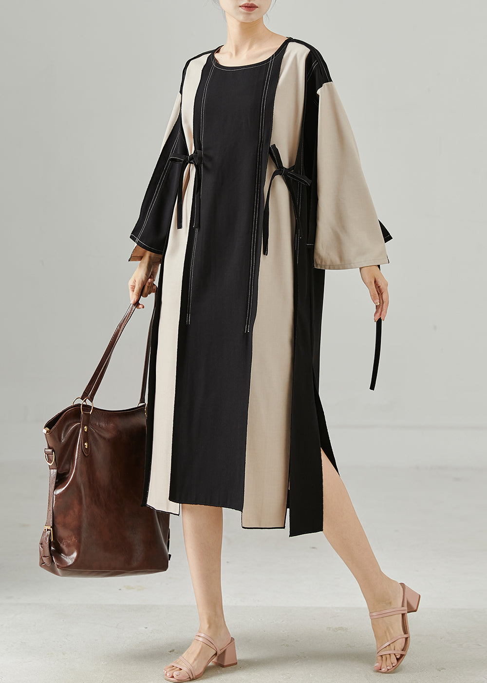Stylish Colorblock Oversized Patchwork Lace Up Cotton Dress Spring