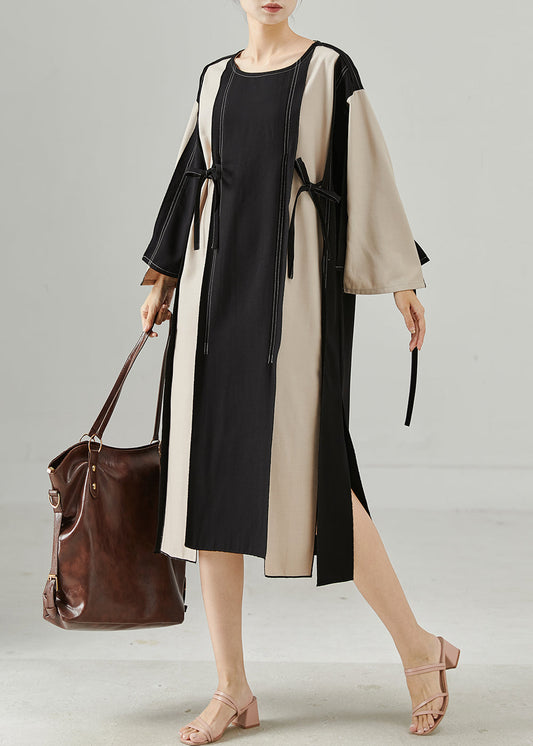 Stylish Colorblock Oversized Patchwork Lace Up Cotton Dress Spring