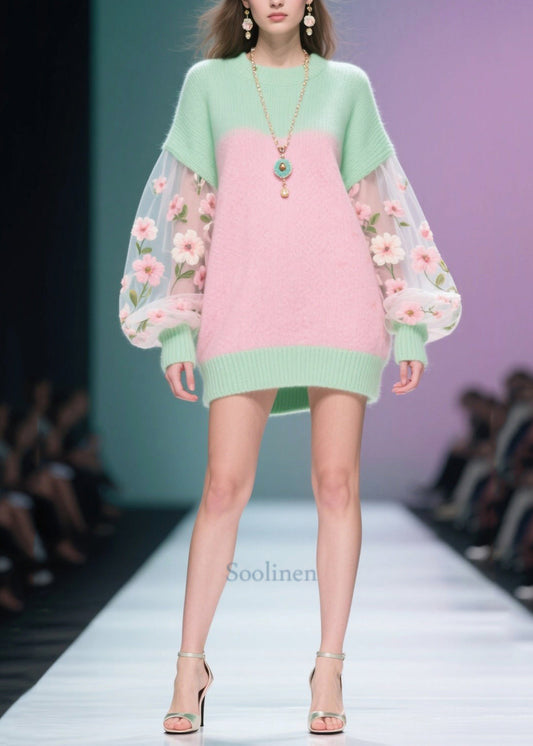 Stylish Colorblock Oversized Patchwork Tulle Sweater Dress Fall