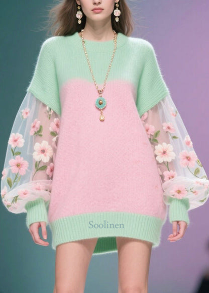 Stylish Colorblock Oversized Patchwork Tulle Sweater Dress Fall