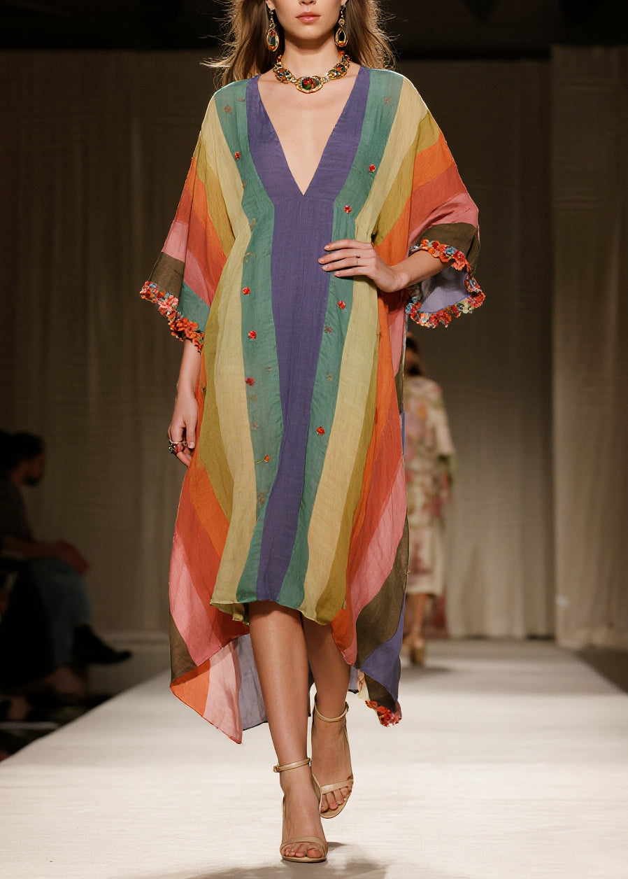 Stylish Colorblock Oversized Striped Cotton Long Dress Summer