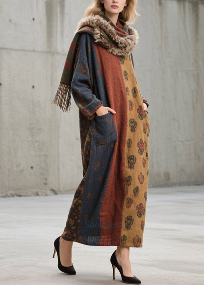 Stylish Colorblock Oversized With Pockets Cotton Holiday Dress Fall