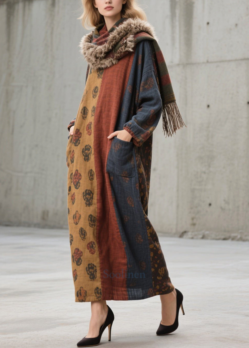 Stylish Colorblock Oversized With Pockets Cotton Holiday Dress Fall