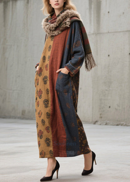 Stylish Colorblock Oversized With Pockets Cotton Holiday Dress Fall