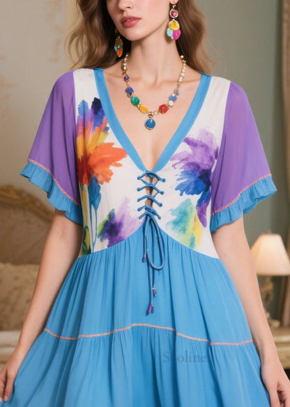 Stylish Colorblock Patchwork Cross Strap Chiffon Robe Dresses Summer