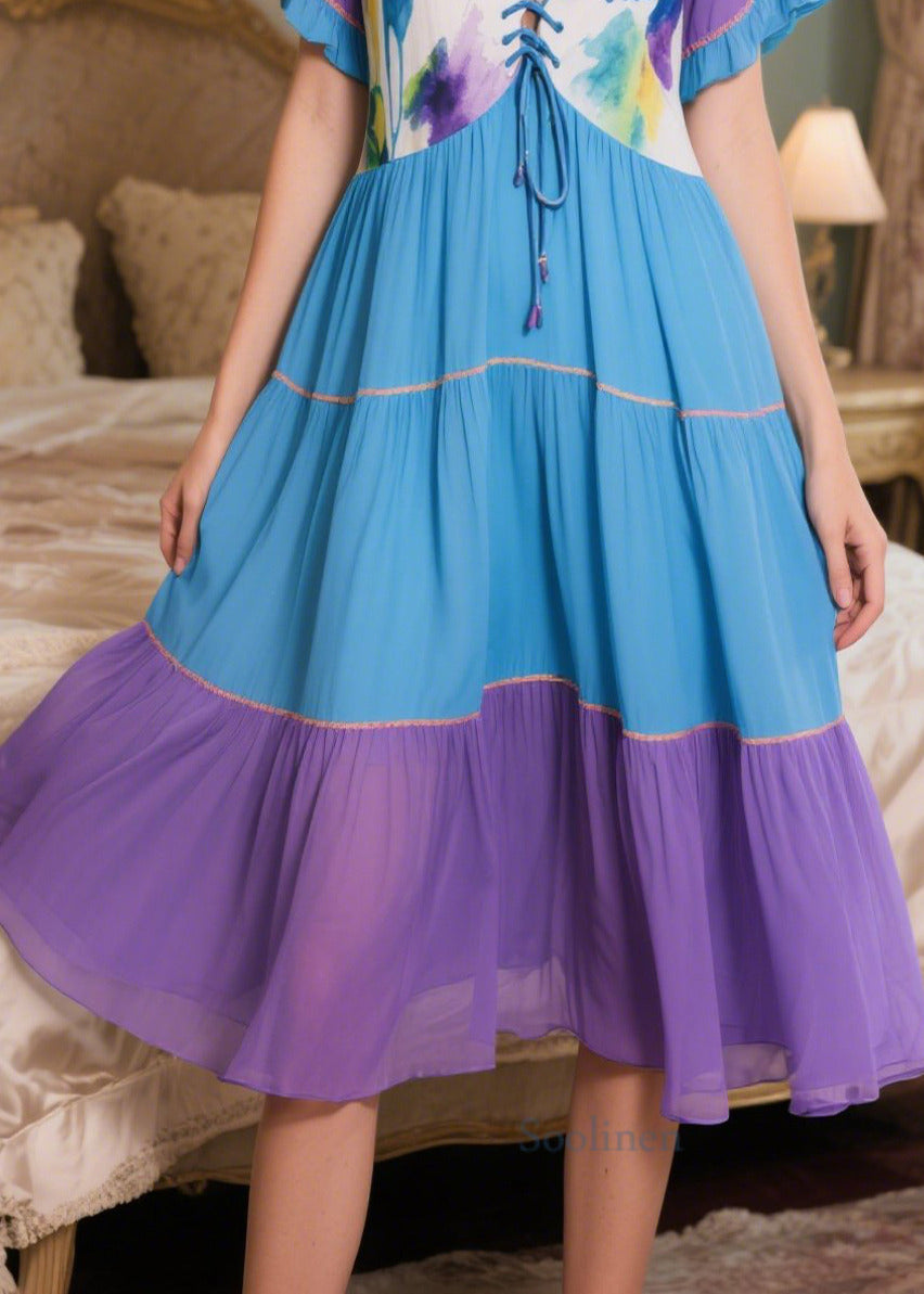 Stylish Colorblock Patchwork Cross Strap Chiffon Robe Dresses Summer