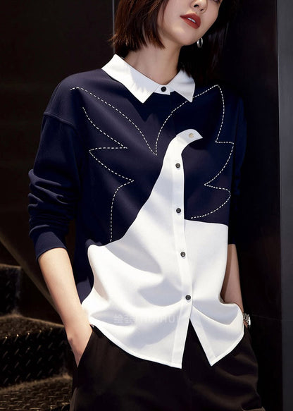 Stylish Colorblock Peter Pan Collar Button Shirt Spring