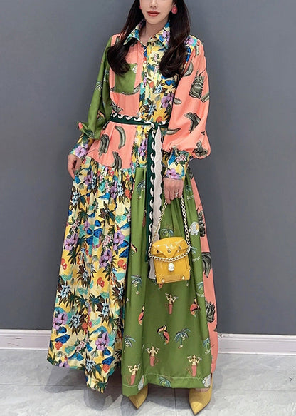 Stylish Colorblock Peter Pan Collar Print Cotton Shirts Dress Spring