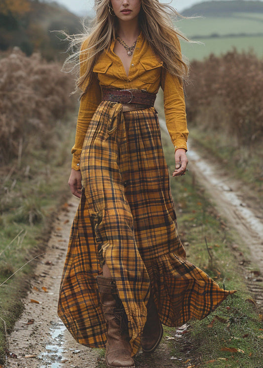 Stylish Colorblock Plaid Side Open Cotton Dress Spring