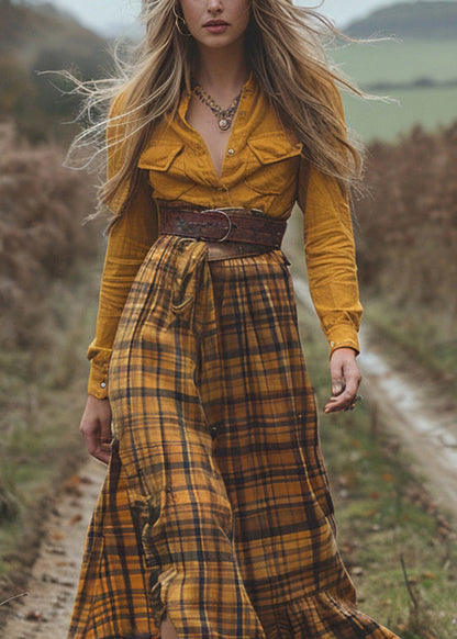 Stylish Colorblock Plaid Side Open Cotton Dress Spring