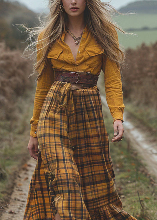 Stylish Colorblock Plaid Side Open Cotton Dress Spring