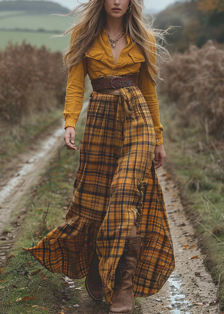 Stylish Colorblock Plaid Side Open Cotton Dress Spring