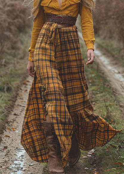 Stylish Colorblock Plaid Side Open Cotton Dress Spring