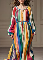 Stylish Colorblock U Neck Patchwork Cotton Dresses Lantern Sleeve