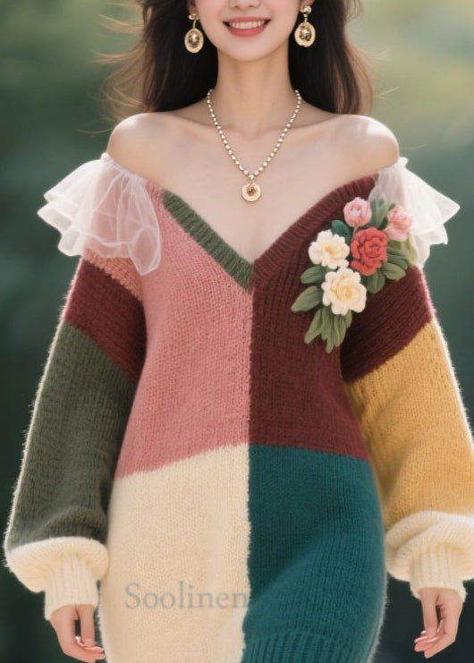 Stylish Colorblock V Neck Cold Shoulder Floral Knit Sweater Dress Fall