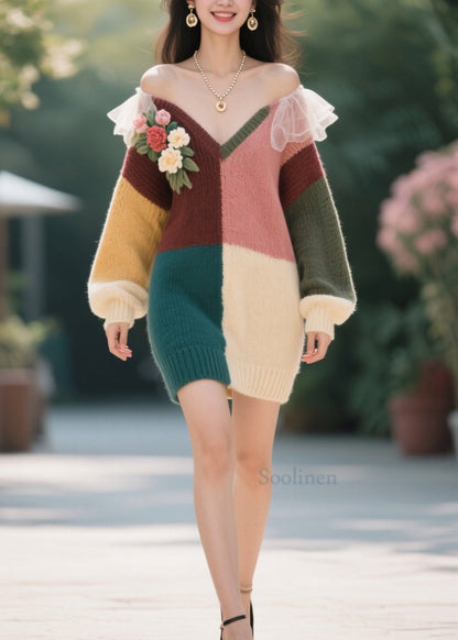 Stylish Colorblock V Neck Cold Shoulder Floral Knit Sweater Dress Fall