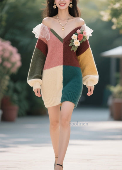 Stylish Colorblock V Neck Cold Shoulder Floral Knit Sweater Dress Fall