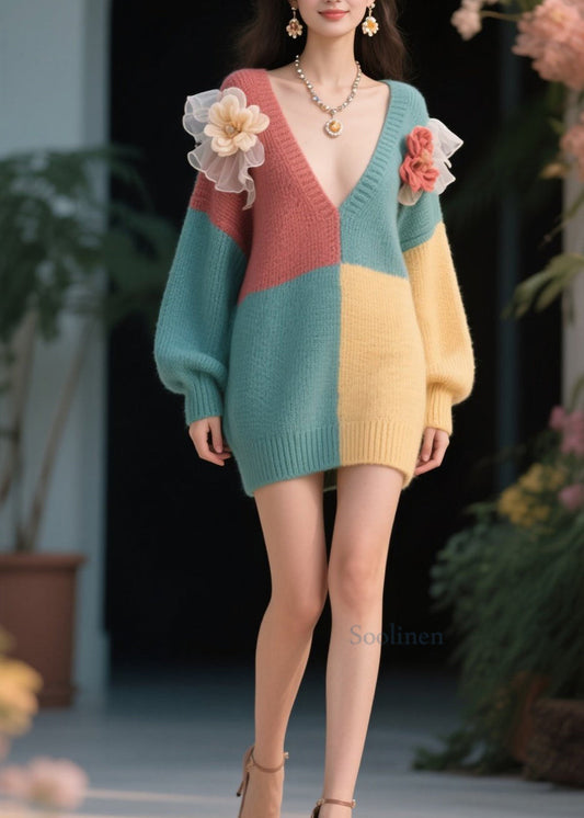 Stylish Colorblock V Neck Floral Knit Sweater Dress Fall