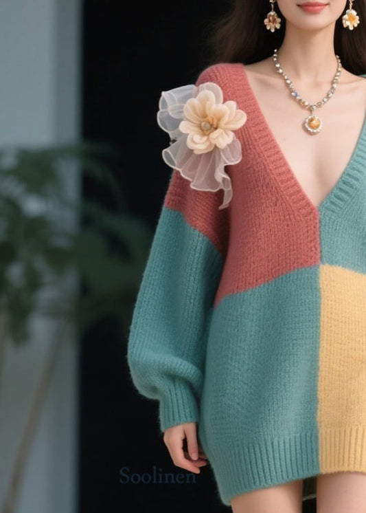 Stylish Colorblock V Neck Floral Knit Sweater Dress Fall
