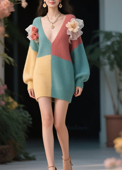Stylish Colorblock V Neck Floral Knit Sweater Dress Fall