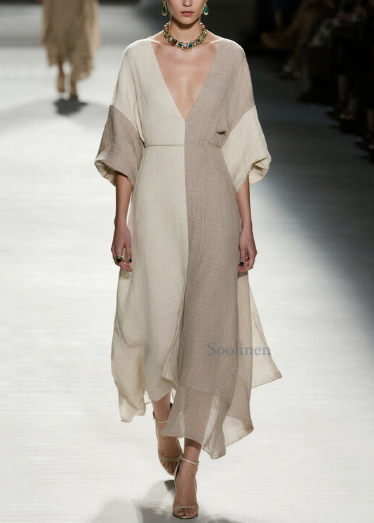 Stylish Colorblock V Neck Patchwork Cotton Dress Summer