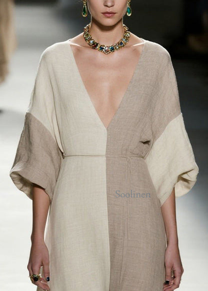 Stylish Colorblock V Neck Patchwork Cotton Dress Summer