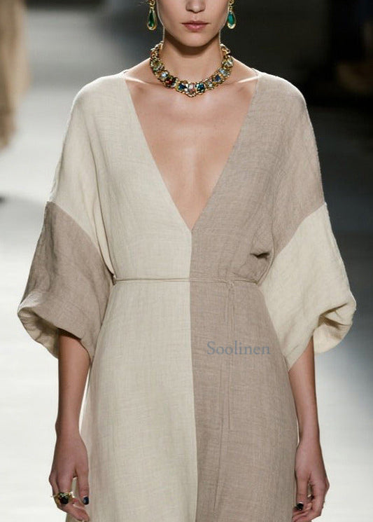 Stylish Colorblock V Neck Patchwork Cotton Dress Summer