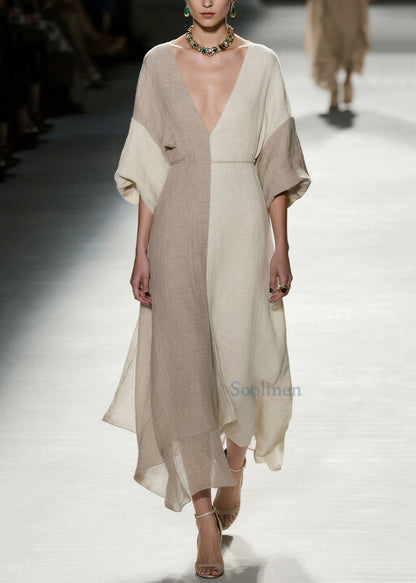 Stylish Colorblock V Neck Patchwork Cotton Dress Summer