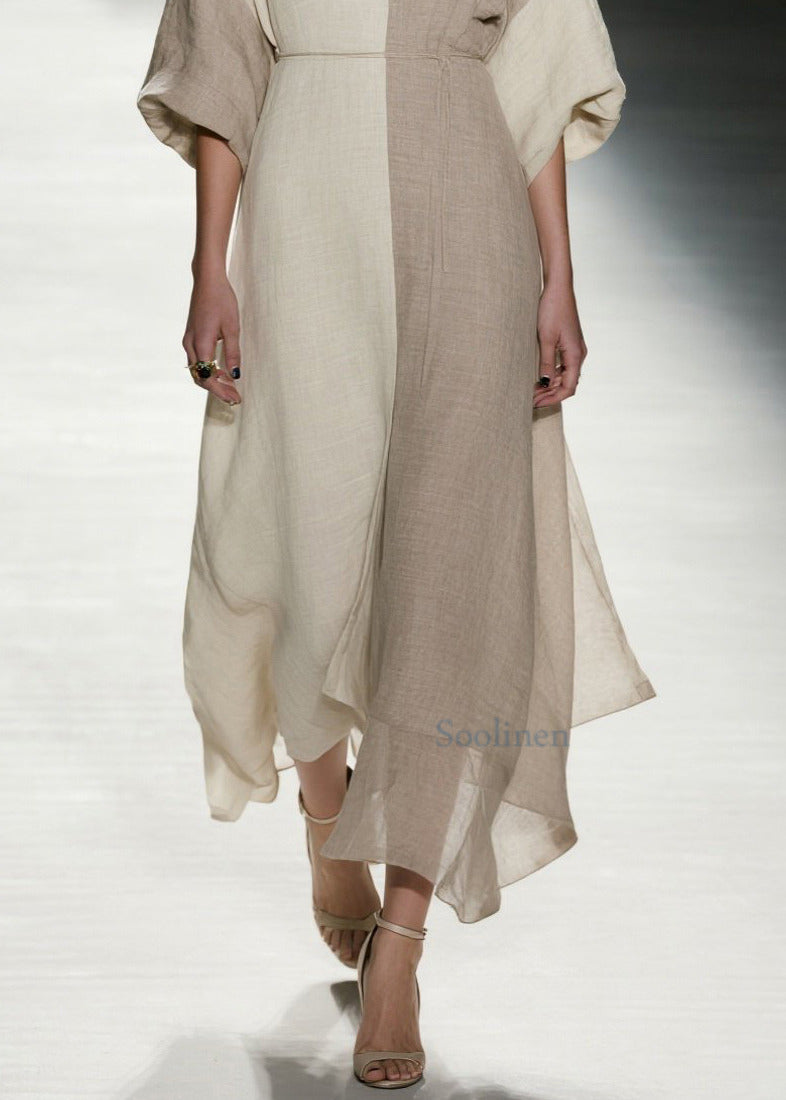 Stylish Colorblock V Neck Patchwork Cotton Dress Summer