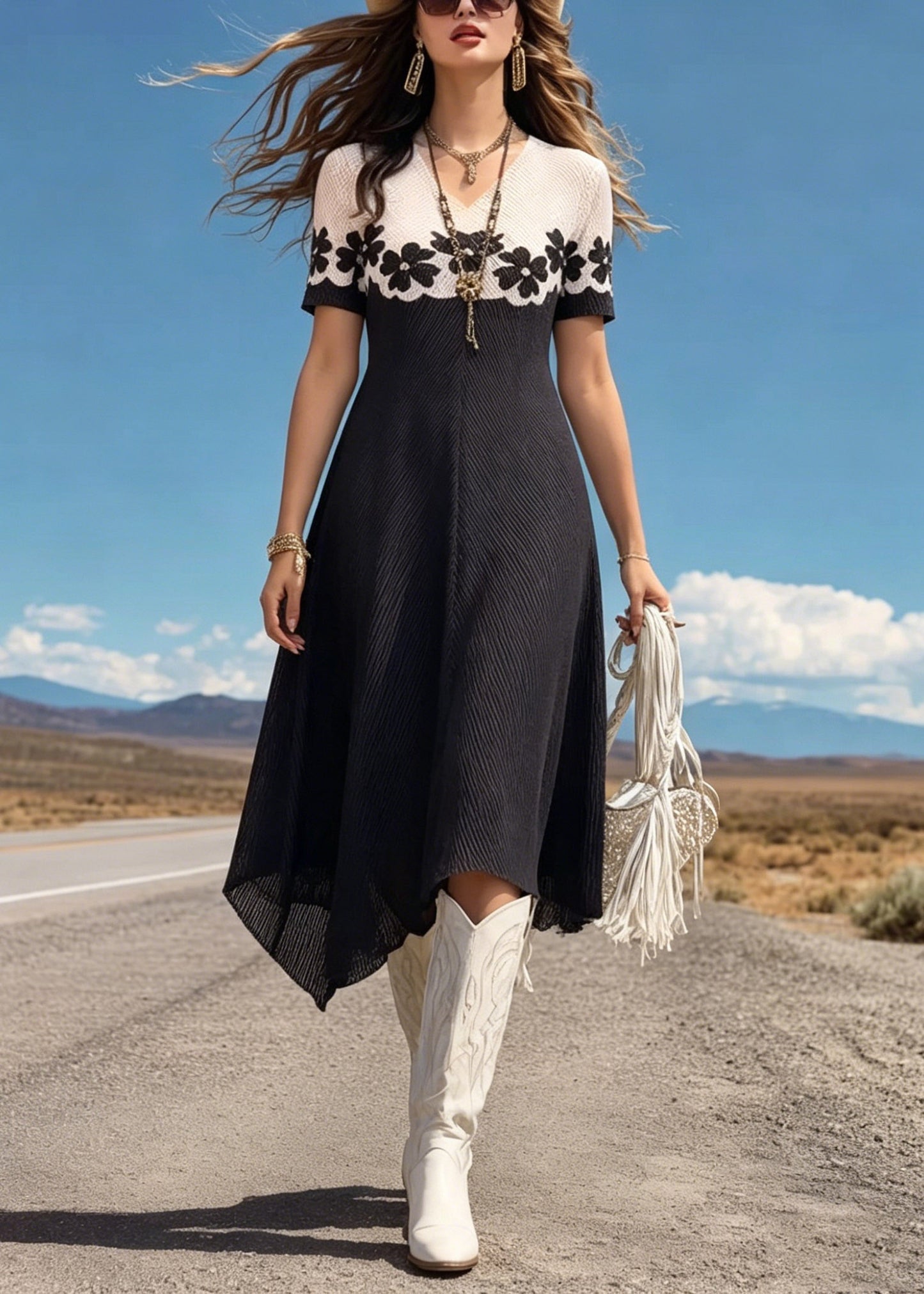 Stylish Colorblock V Neck Patchwork Ice Silk Long Dresses Summer